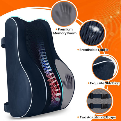 CloudBliss Lumbar Support Pillow, Memory Foam for Office Chair, Black | Ergonomic High-Density Memory Foam, Adjustable Straps, Washable Mesh Cover, Lower Back Support for Office, Gaming & Car Seat