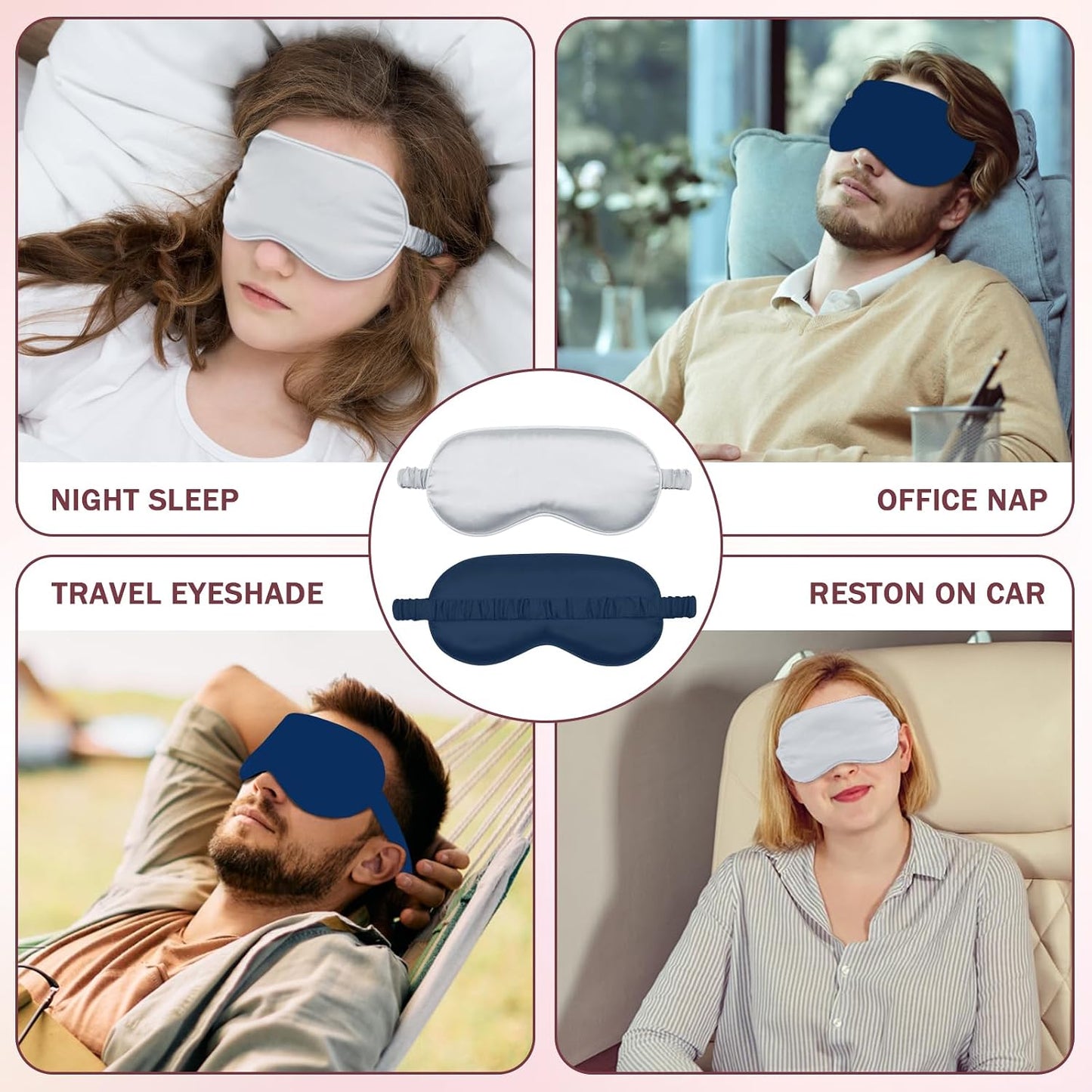 Amrules Sleep Mask Set of 2, Adjustable Silk Eye Mask for Sleeping, Soft Sleeping Eye Shade Cover for Women, Good for Blocking Light, Reducing Puffiness, Enhancing Sleep Quality (Blush Pink & Black)
