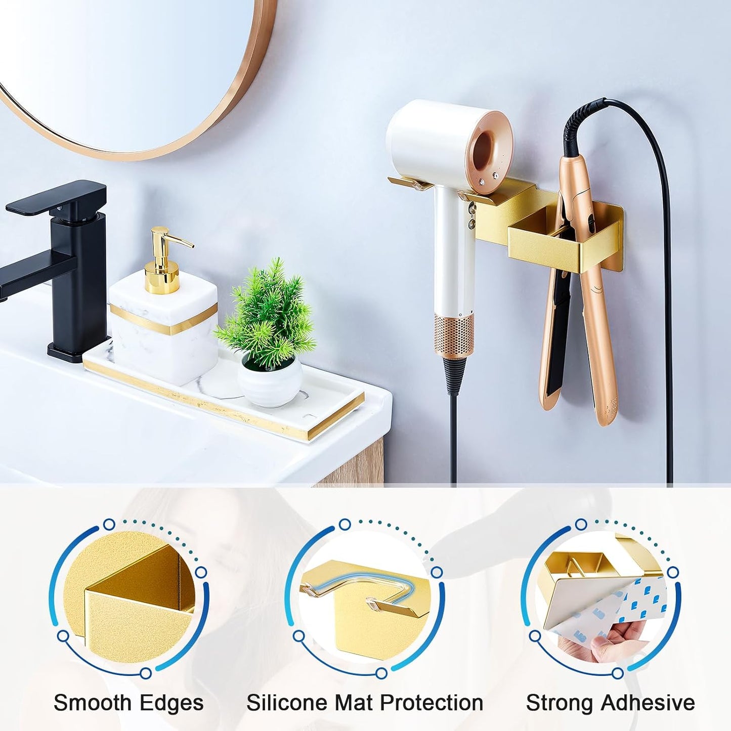 Hair Dryer Holder Wall Mounted, Hair Straightener Holder Metal, Adhesive Blow Dryer and Hair Straightener Holder, Bathroom Bedroom Hair Tool Organizer for Flat Iron,Curling Iron,Hairdryer (White)