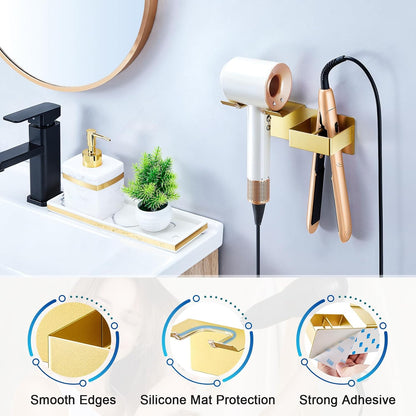 Hair Dryer Holder Wall Mounted, Hair Straightener Holder Metal, Adhesive Blow Dryer and Hair Straightener Holder, Bathroom Bedroom Hair Tool Organizer for Flat Iron,Curling Iron,Hairdryer (White)
