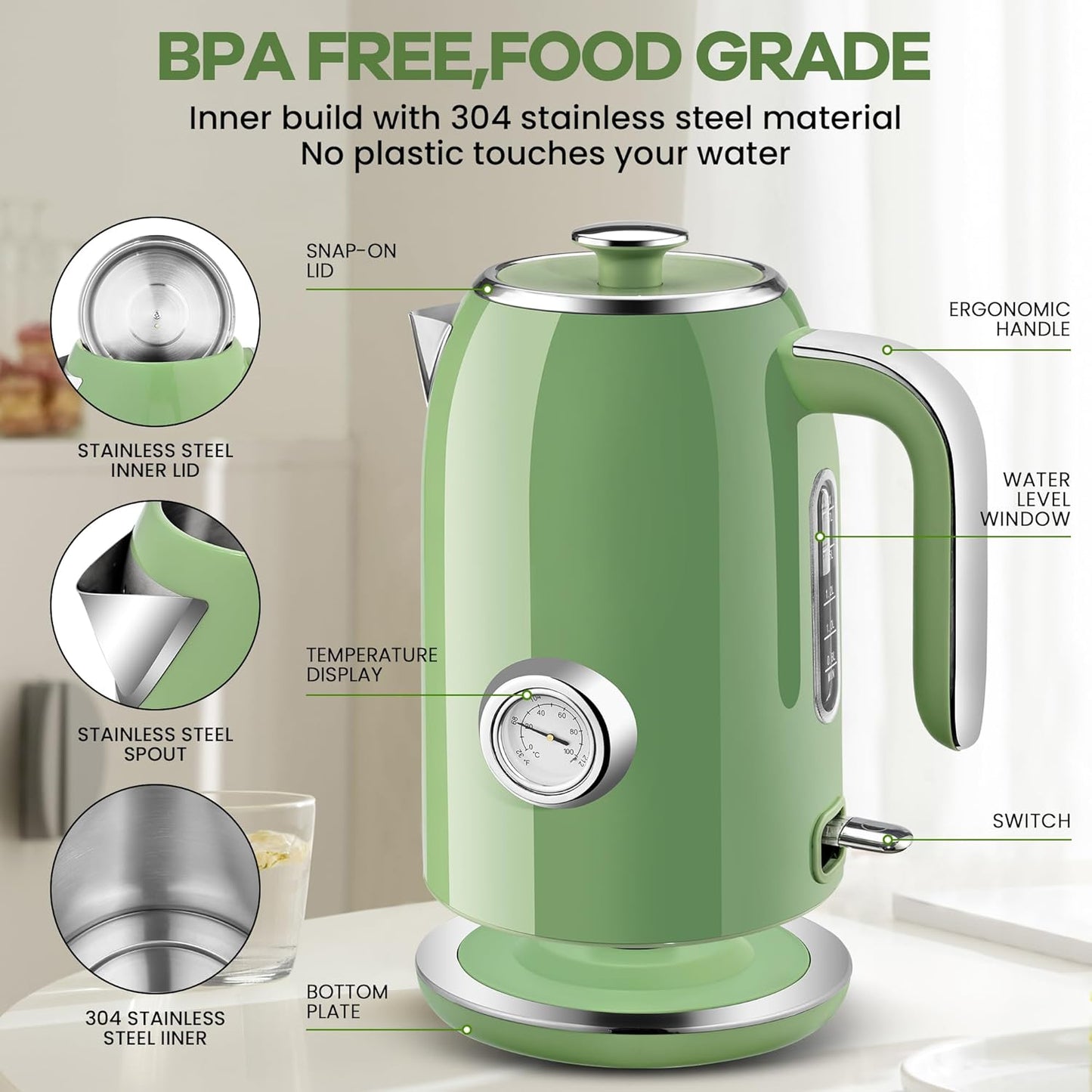 PUKOMC Electric Kettle,1.7L Stainless Steel Electric tea kettle | Temperature Gauge, Fast Boiling, Auto Shut - off, BPA - Free, Boil - Dry Protection 1500W,LED Light,Easy clean