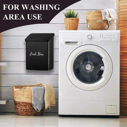 Magnetic Lint Bin with Lint Brush, two white hooks, one black back hook & all accessories for Laundry Room decor, Wall-Mounted Lint Bin with Lid, Powder Coated, Space-Saving Trash Can (Black)