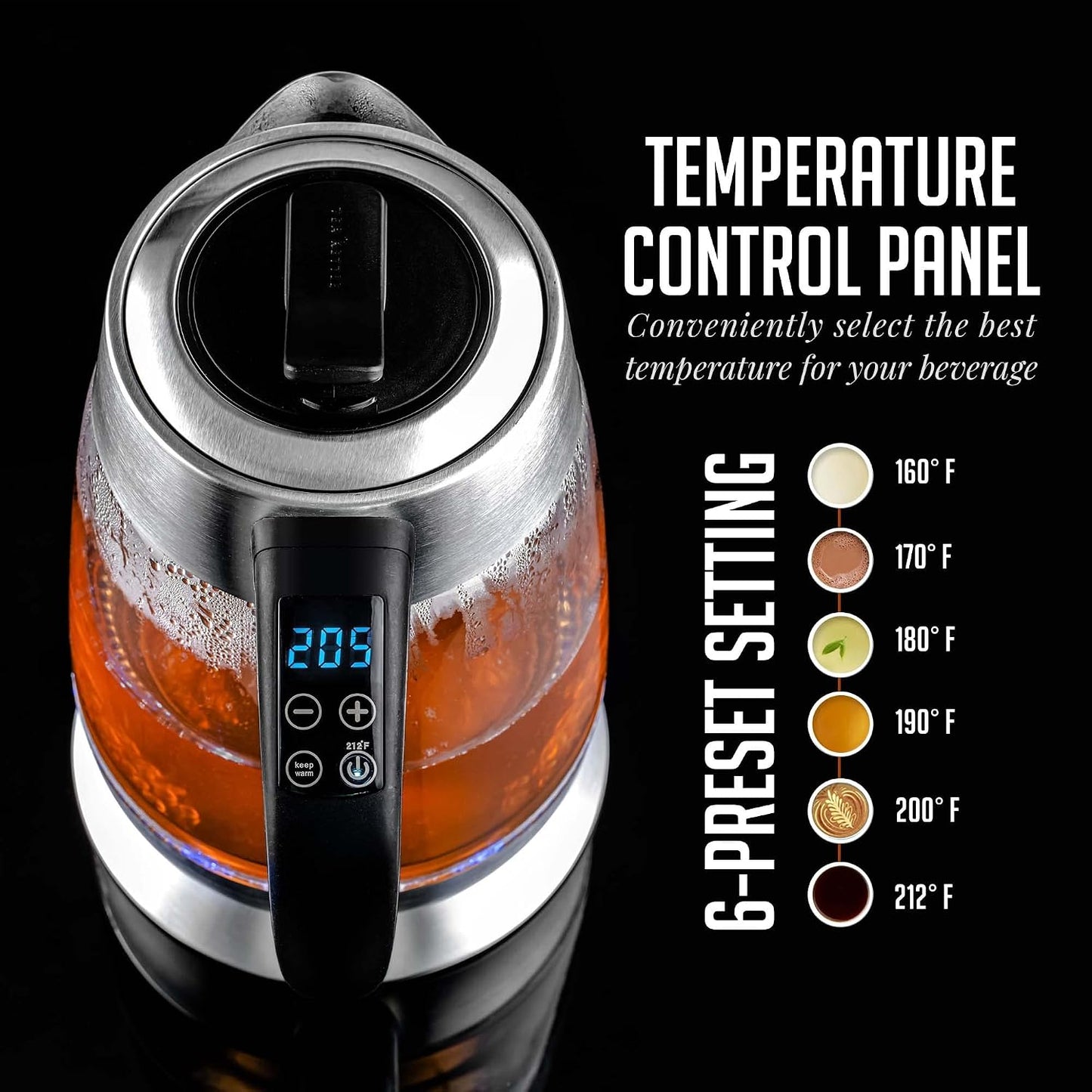 OVENTE 1.8L Glass Electric Kettle with Tea Infuser, Silver KGD752S | 1500W Fast Boiling, Easy Fill Lid, 7 Temperature Control, Keep Warm, Digital Display, Auto Shut-Off, Boil-Dry Protection