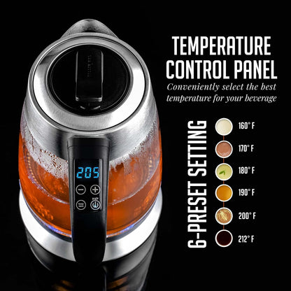 OVENTE 1.8L Glass Electric Kettle with Tea Infuser, Silver KGD752S | 1500W Fast Boiling, Easy Fill Lid, 7 Temperature Control, Keep Warm, Digital Display, Auto Shut-Off, Boil-Dry Protection