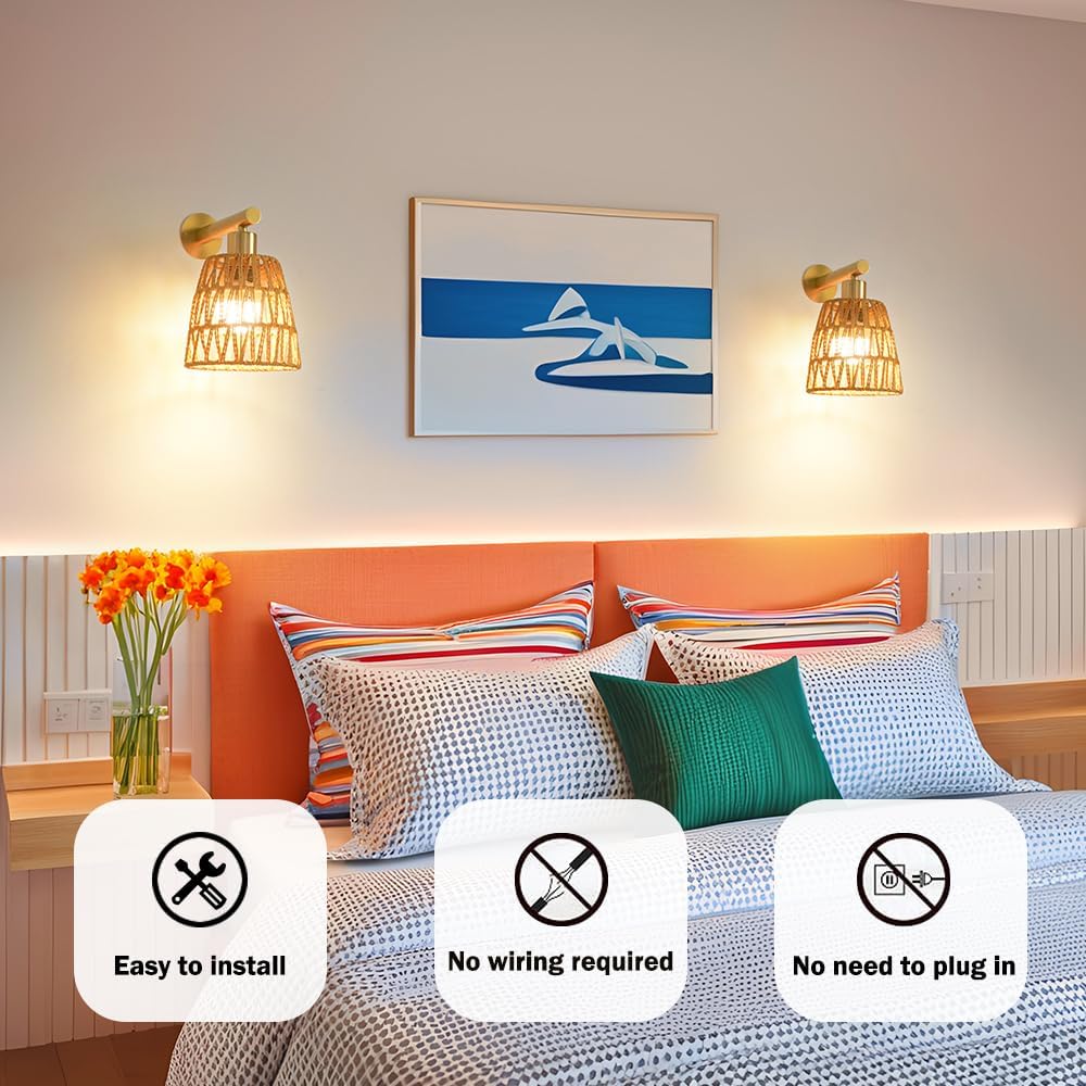 Boho Battery Operated Wall Sconces, Rattan Wall Sconce Set of 2 with Remote, RGB 15 Colors Dimmable Rechargeable Wall Light, Black Indoor Wireless Wall Lamp, Farmhouse Rattan Wall Lighting for Bedroom