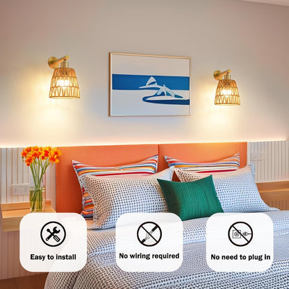 Boho Battery Operated Wall Sconces, Rattan Wall Sconce Set of 2 with Remote, RGB 15 Colors Dimmable Rechargeable Wall Light, Black Indoor Wireless Wall Lamp, Farmhouse Rattan Wall Lighting for Bedroom