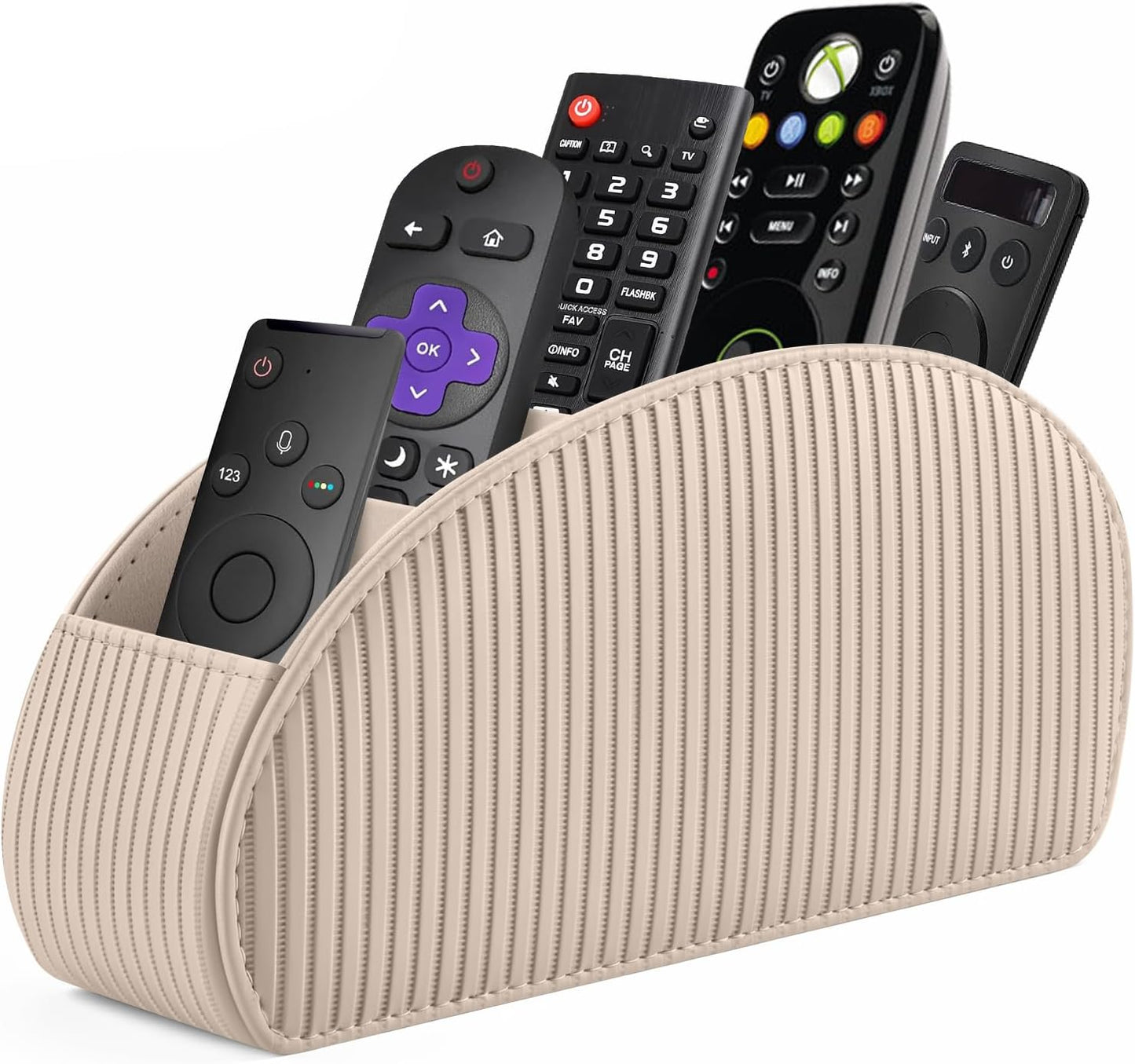 SITHON Remote Control Holder with 5 Compartments | PU Leather Remote Caddy Desktop Organizer Store TV, DVD, Blu-Ray, Media Player, Heater Controllers, Stripe Black