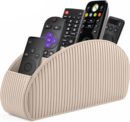SITHON Remote Control Holder with 5 Compartments | PU Leather Remote Caddy Desktop Organizer Store TV, DVD, Blu-Ray, Media Player, Heater Controllers, Stripe Black