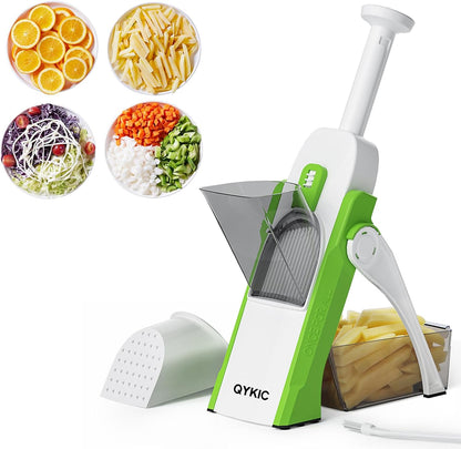 QYKIC Safe Mandoline Slicer Pro for Kitchen, Adjustable Chopper 6 in 1 | Potato Slicer Onion Chopper Fry Cutter Julienne Dicer Large Chute Stainless Steel Blades Detachable Dishwasher Safe Gifts