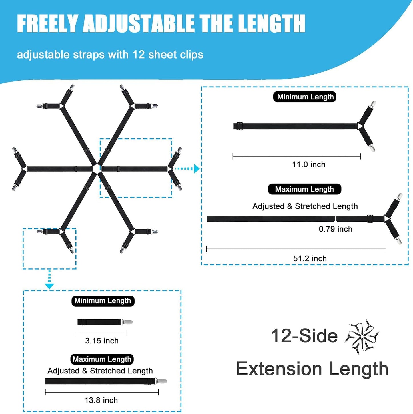 Bed Sheet Holder Straps, Adjustable Elastic Fitted Sheet Strap Tablecloth Clip Bed Suspender Fasteners Keep Sheets in Place Firm for Twin Full Queen King Bed Round Square Mattresses Table