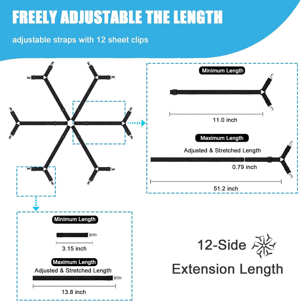 Bed Sheet Holder Straps, Adjustable Elastic Fitted Sheet Strap Tablecloth Clip Bed Suspender Fasteners Keep Sheets in Place Firm for Twin Full Queen King Bed Round Square Mattresses Table