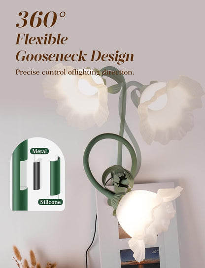 Flower Clip On Desk Lamp for Home and Dorm - Cute Floral Clip On Bedside Book Reading Light, Pink Flower Bunk Bed Lighting, Kawaii Led Flexible Gooseneck Table Lamp for Headboard with Clamp