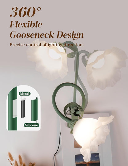 Flower Clip On Desk Lamp for Home and Dorm - Cute Floral Clip On Bedside Book Reading Light, Pink Flower Bunk Bed Lighting, Kawaii Led Flexible Gooseneck Table Lamp for Headboard with Clamp