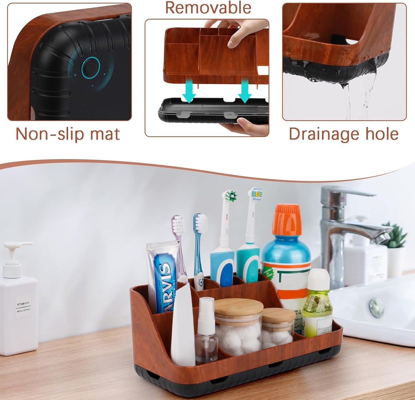 GFWARE Black Toothbrush Holder - 7 Slots Bathroom Organizer Countertop with Drainage Matte Black Electric Toothbrush and Toothpaste Holder for Bathroom Accessories Sink Storage