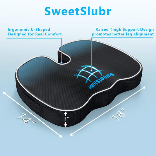 SweetSlubr Memory Foam Seat Cushion & Lumbar Support Pillow Set Black Large | U-shaped Cushion Design, Washable Mesh Cover, Adjustable Straps, Non-slip Base, Office Chair and Car Seat Use