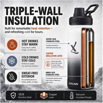 Lexlion Tea Infuser Water Bottle 22 Oz – Triple Wall Insulated Stainless Steel, Loose Leaf & Fruit Strainer, 3 Leakproof Lids, BPA-Free Silicone Sleeve, Reusable Thermal Mug