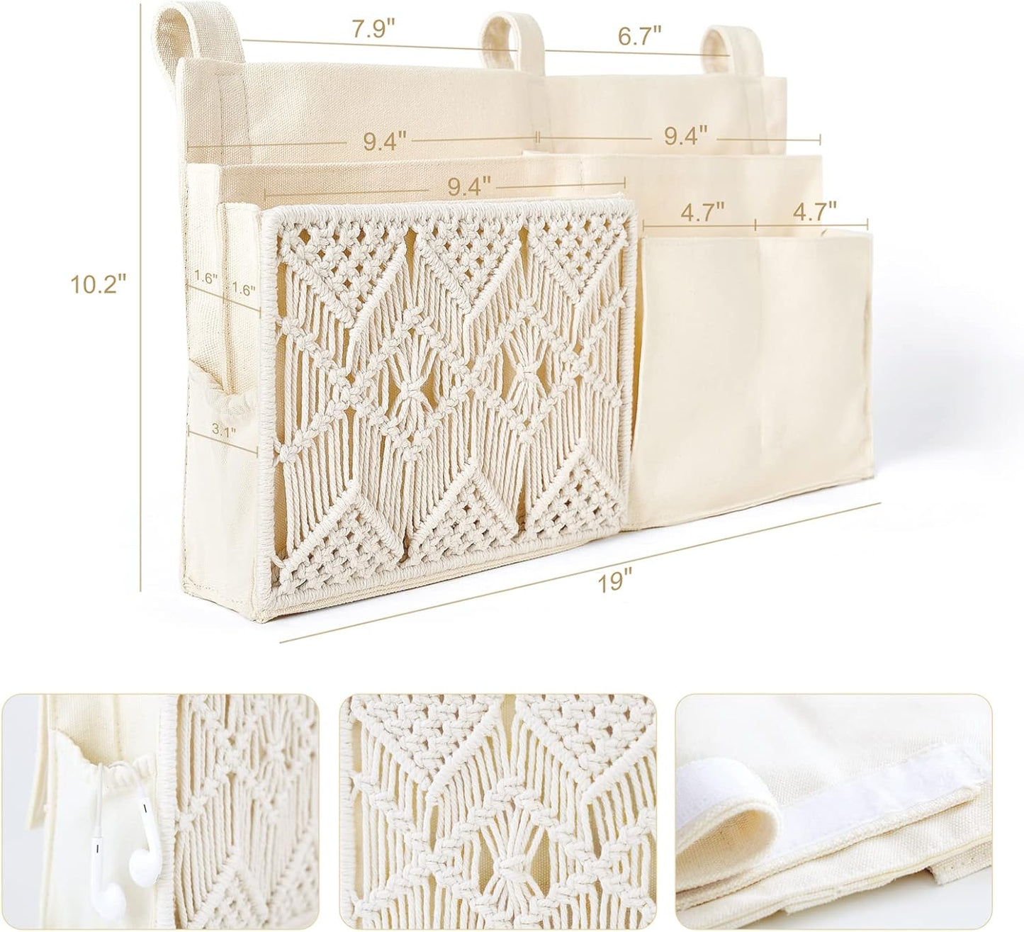 Mkono Bedside Caddy, Macrame Bunk Bed Hanging Organizer, 7 Pockets Ivory | Dorm Room Essentials, Boho Storage Bag, Remote Books Magazines Phone Snacks Drinks Holder, Bedroom Nursery Loft Baby Bed Rail