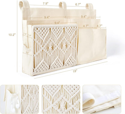Mkono Bedside Caddy, Macrame Bunk Bed Hanging Organizer, 7 Pockets Ivory | Dorm Room Essentials, Boho Storage Bag, Remote Books Magazines Phone Snacks Drinks Holder, Bedroom Nursery Loft Baby Bed Rail