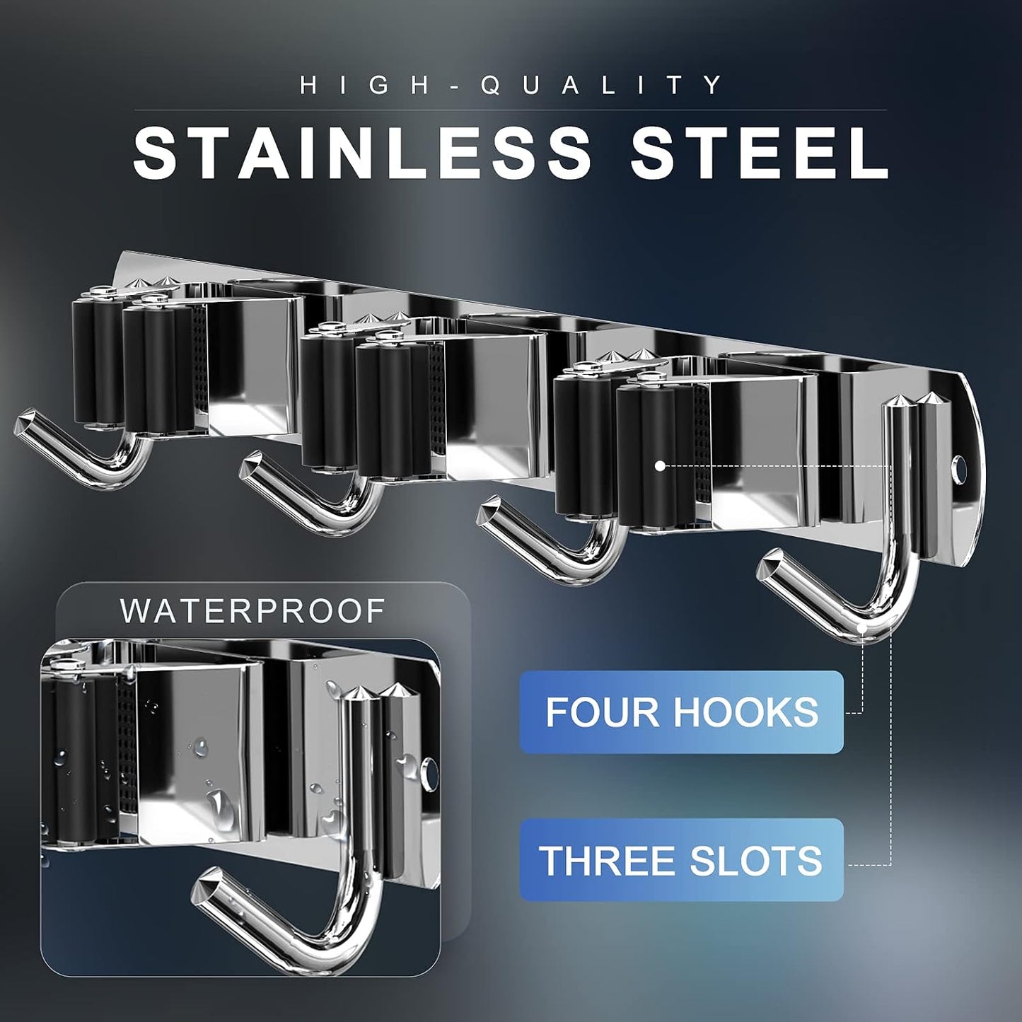 ZONGOOL 2 Pack Mop Broom Holder Wall Mount 4 Racks 5 Hooks Storage Black | 304 Rustproof Stainless Steel Broom Hanger, Non-Slip Wall Mount Organizer, Space Saving For Kitchen, Laundry, Garden