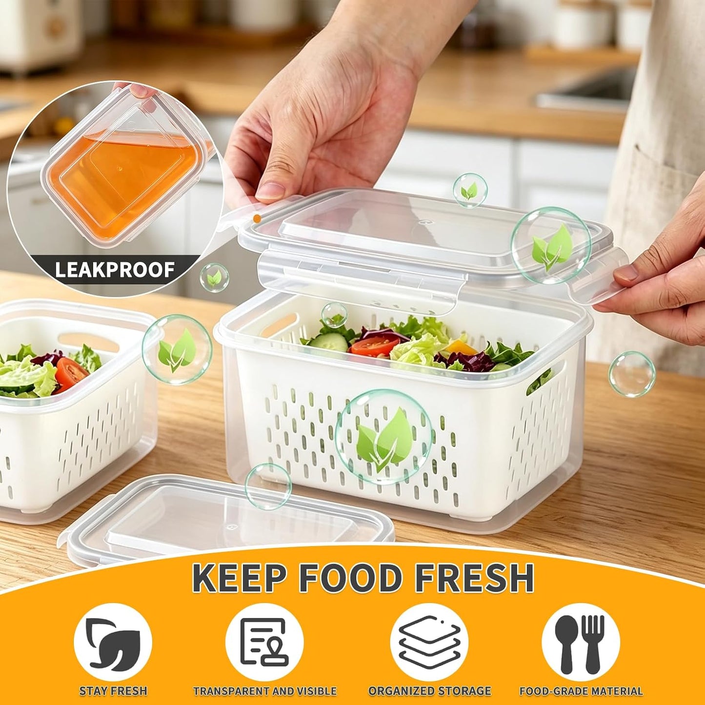 Salad Storage Container for Refrigerator, Salad Crisper Container for Fridge, 3 Pack No-Leak Food Storage Containers, Removable, Sealed Silicone Gasket, Simple to Use, Great for Salads