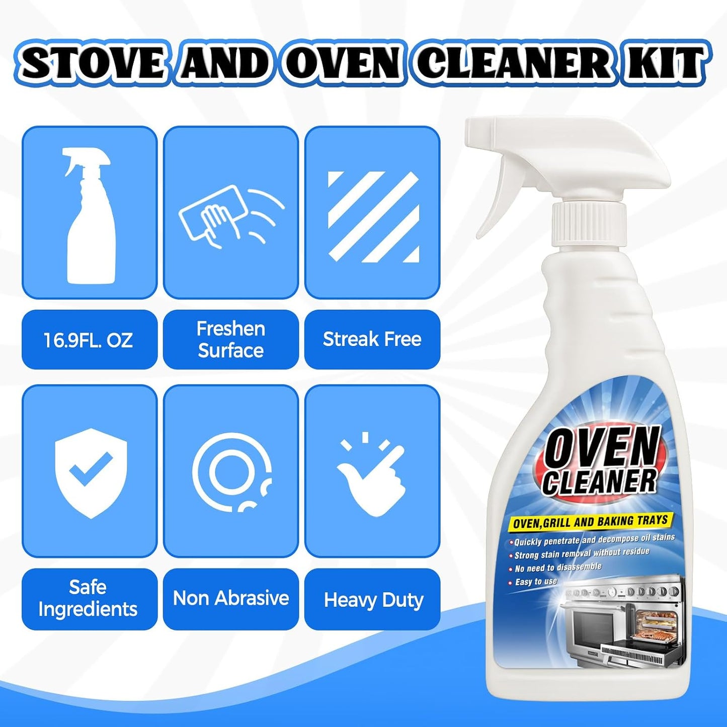 Heavy Duty Stove and Oven Cleaner Kit, Includes Cleaning Tool, Razor, Scraper and 1 Pad to Remove Tough Stains - Use on Gas, Electric, Ceramic Surfaces, 4 Piece (16.9, Fluid Ounces)