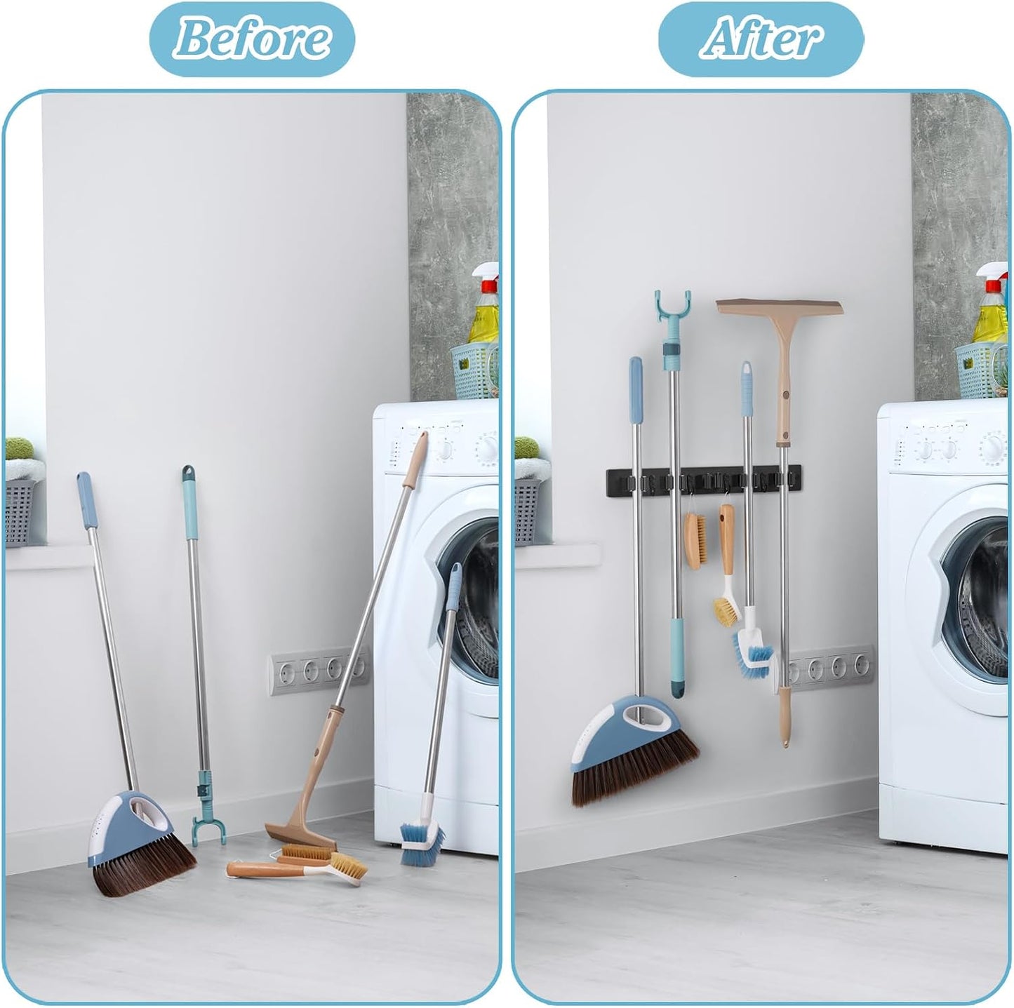 White Broom Holder Wall Mount - Heavy Duty Wood Mop and Broom Organizer with 5 Slots & 4 Hooks - Garden Tool Hanger for Laundry Room Closet Kitchen Garage Storage and Organization - Modern Home Decor