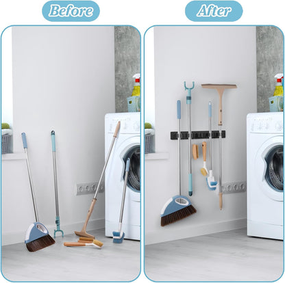 White Broom Holder Wall Mount - Heavy Duty Wood Mop and Broom Organizer with 5 Slots & 4 Hooks - Garden Tool Hanger for Laundry Room Closet Kitchen Garage Storage and Organization - Modern Home Decor
