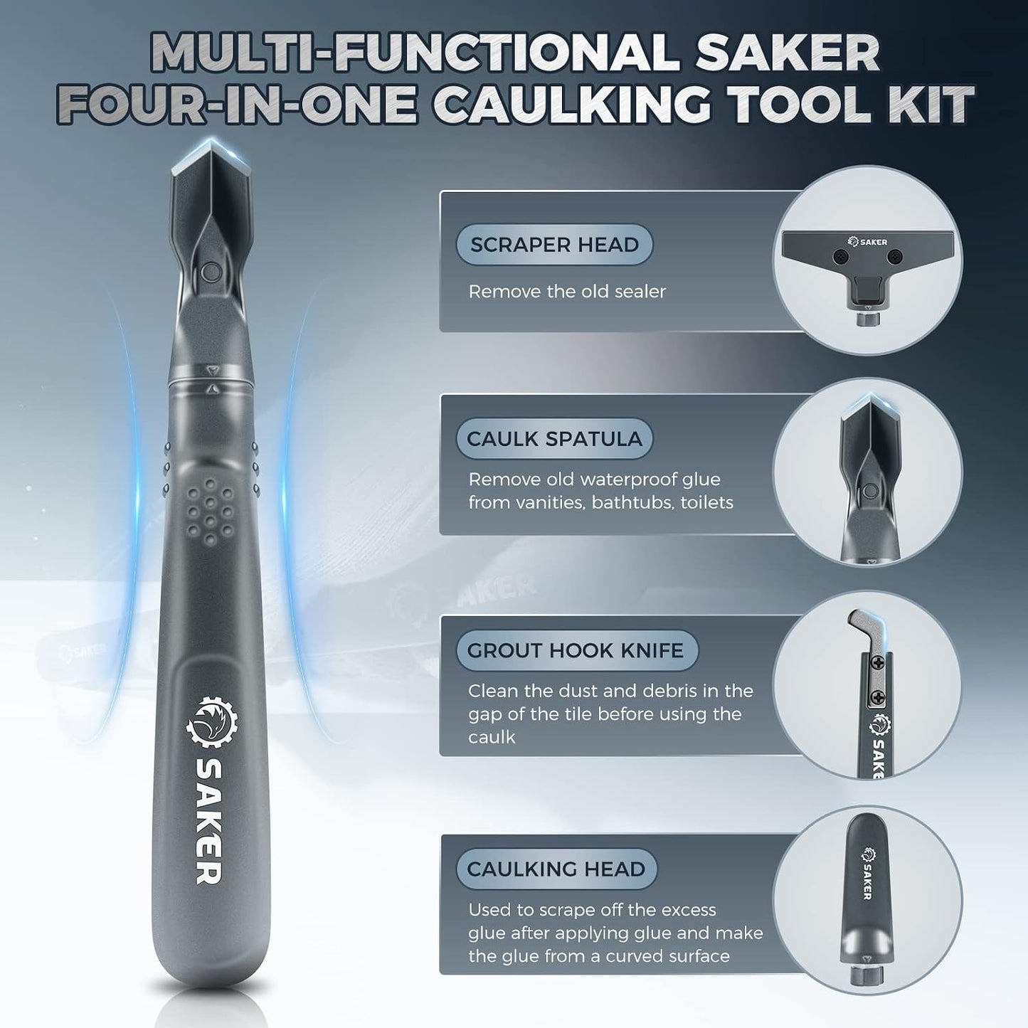 Saker Silicone Caulking Tool 3-in-1 Grout Removal Tool Classic Black | Sealant Finishing Scraper with Stainless Steelhead, Seam Repair Kit for Bathroom, Kitchen, Floor, Window and Sink Joints