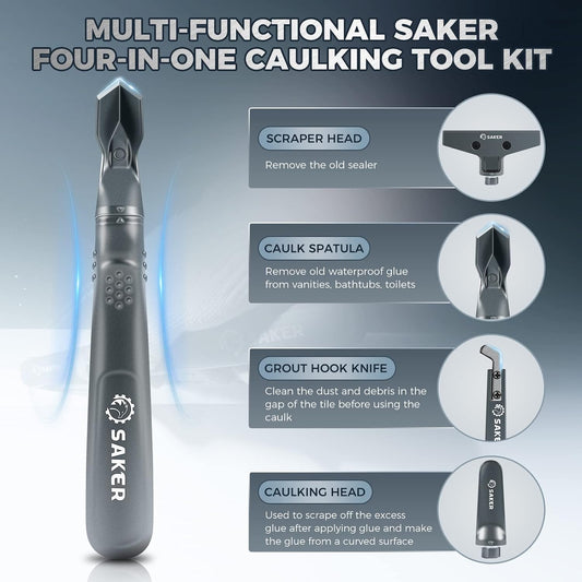 Saker Silicone Caulking Tool 3-in-1 Grout Removal Tool Classic Black | Sealant Finishing Scraper with Stainless Steelhead, Seam Repair Kit for Bathroom, Kitchen, Floor, Window and Sink Joints