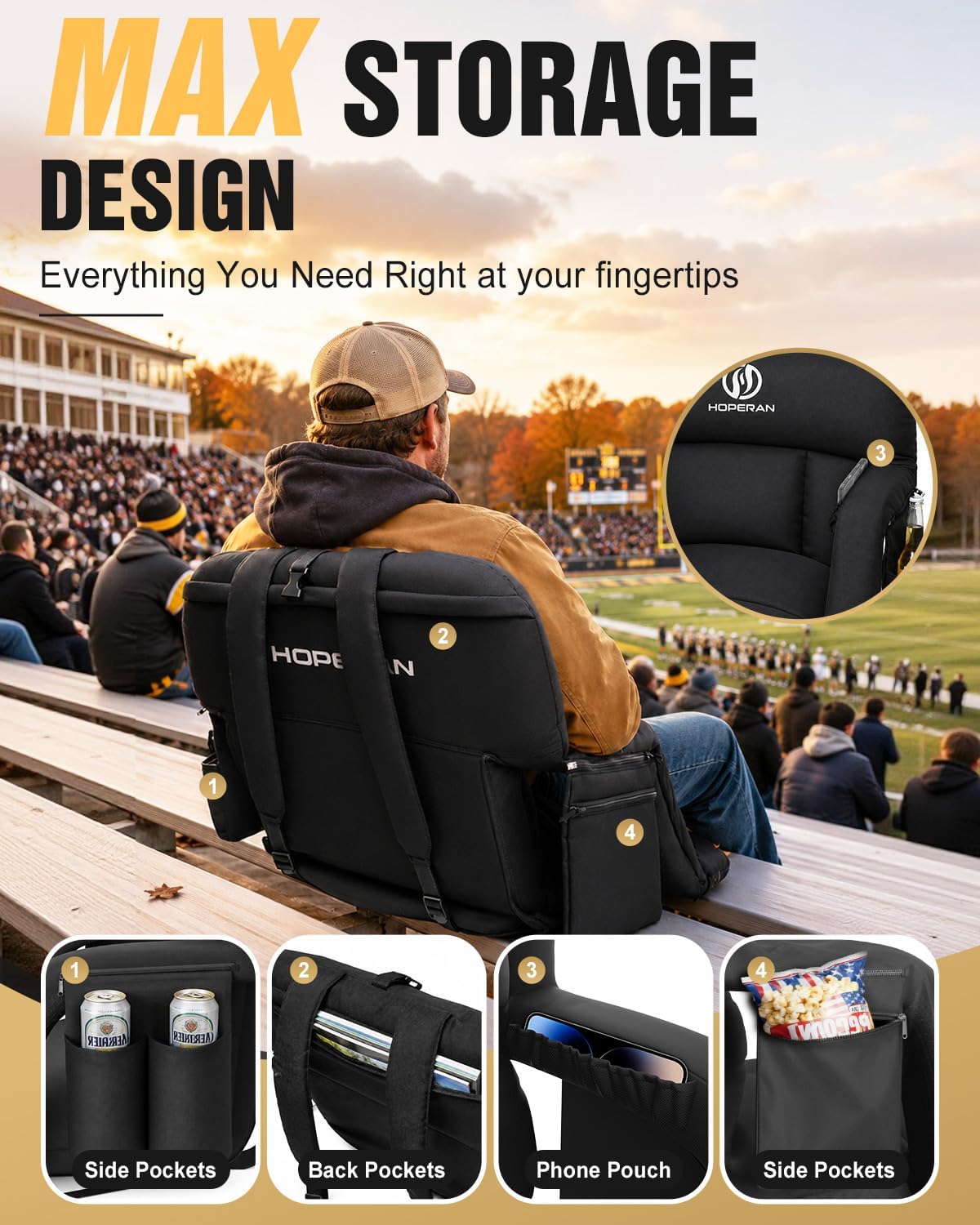 HOPERAN 25in Heated Stadium Seats for Bleachers, 4.3" Extra Thick, Pink | Super Soft Sofa-Style, Independent Seat&Back 3 Level Heat (NO Battery), 6 Recliner, Anti-Slip, Side Pockets, Backpack Straps