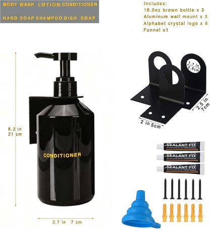 Wall Mounted Shampoo Dispenser for Shower, 3 Chamber 16.9 fl oz Each, 4CC Pump Soap Dispenser for Bathroom, Glossy Black Shampoo and Conditioner Dispenser with Crystal Labels (Brown)
