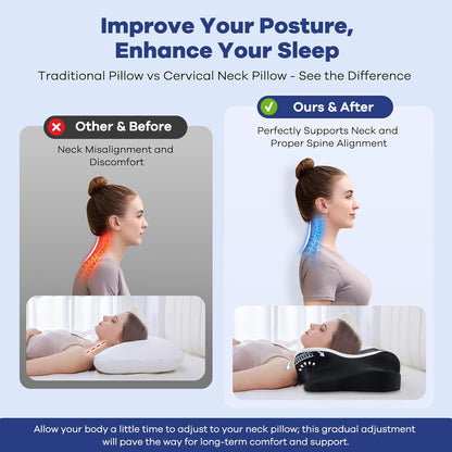 DONAMA Contour Cervical Neck Pillow for Neck Pain Relief | Queen,Ergonomic Dual-Height,Odorless Memory Foam,Side/Back/Stomach Sleepers,Cooling Hypoallergenic Cover,OEKO-TEX Certified
