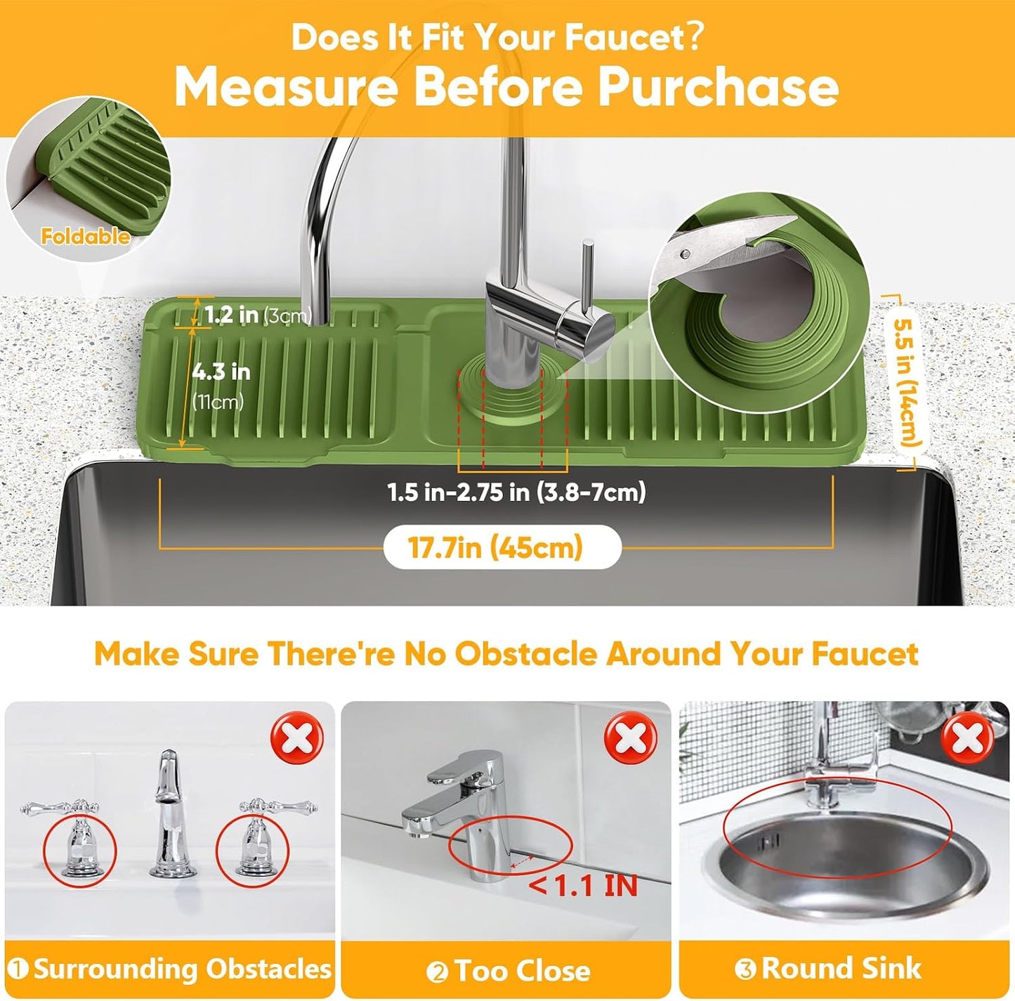 24'' Longer Faucet Mat for Kitchen Sink Splash Guard[7° Slope Fast Self-draining][Snap Lock Fit]Kitchen Sink Faucet Mat Splash Guard Kitchen Sink Area Water Splash Guard Behind Faucet Draining Mat