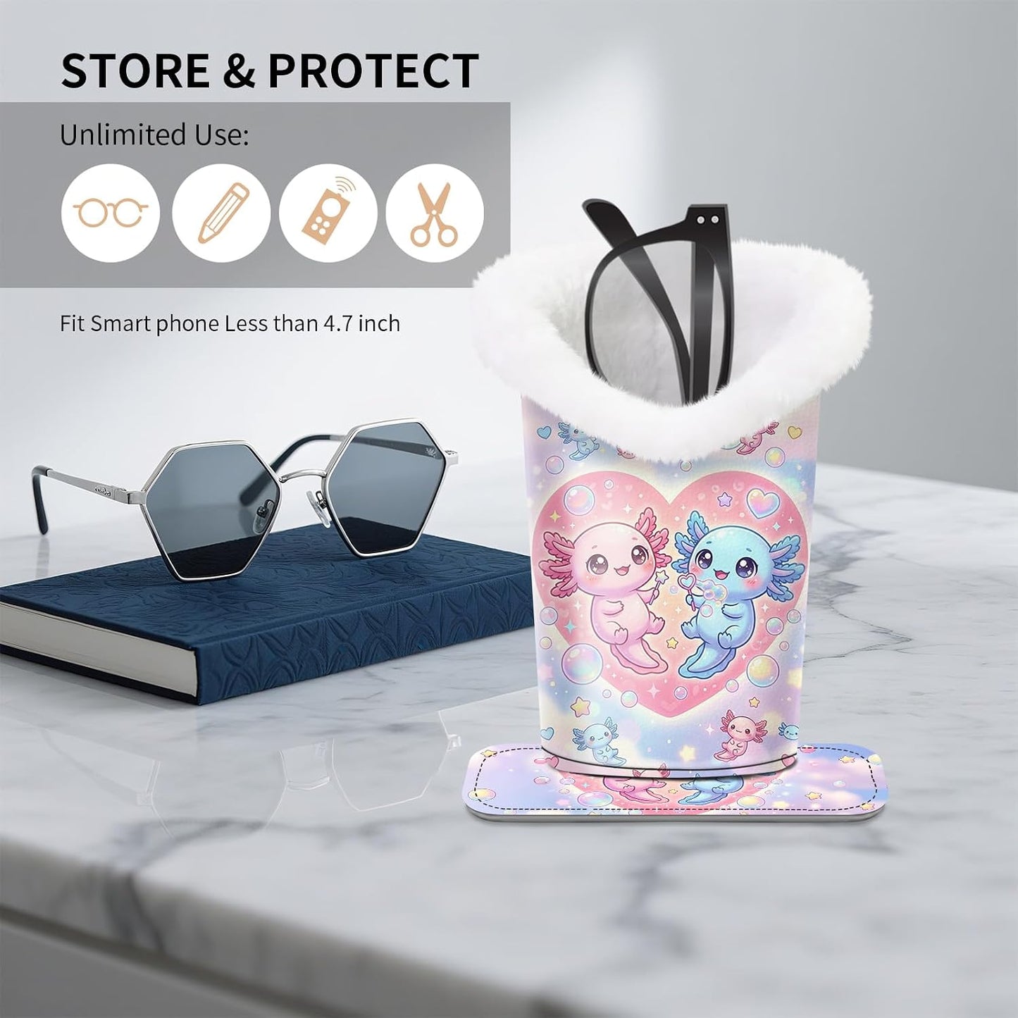 Plush Lined Eyeglasses Holder, Cute Magnetic PU Leather Glasses Stand Case for Women Men Kids