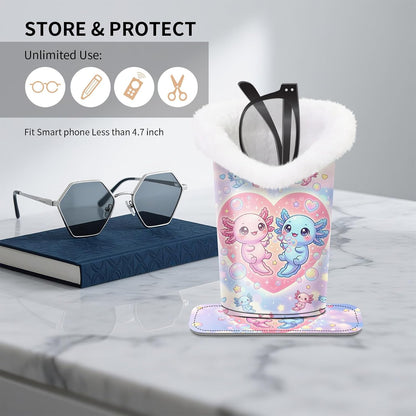 Plush Lined Eyeglasses Holder, Cute Magnetic PU Leather Glasses Stand Case for Women Men Kids