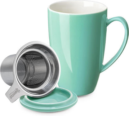 Sweese 15oz Porcelain Tea Mug with Infuser and Lid – Microwave Safe, Ergonomic Handle, Lead-Free Glaze, for Loose Leaf Tea