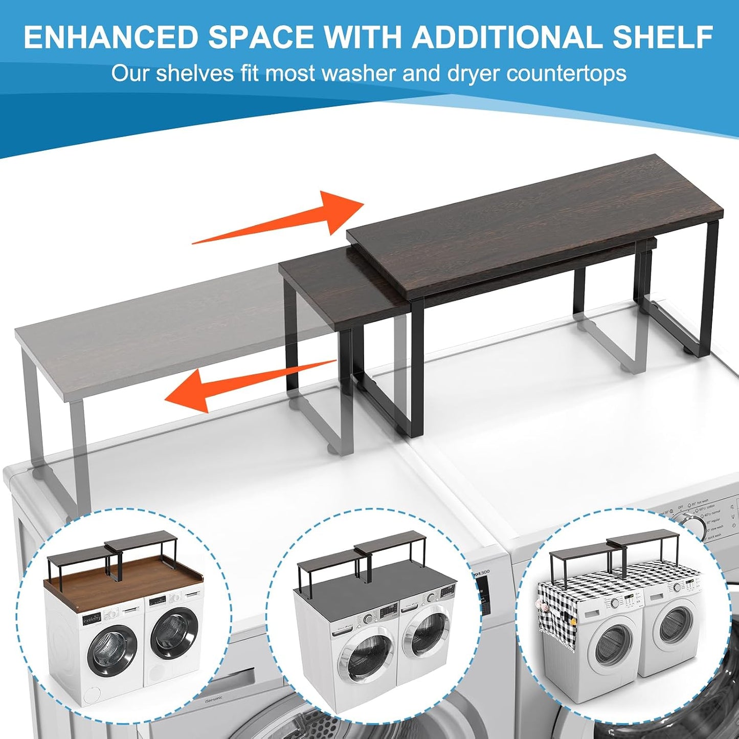 Expandable Washer Dryer Countertop Shelf, Stackable Over Washer and Dryer Storage Shelves, for Laundry Room Organization, Space Saving Laundry Shelf