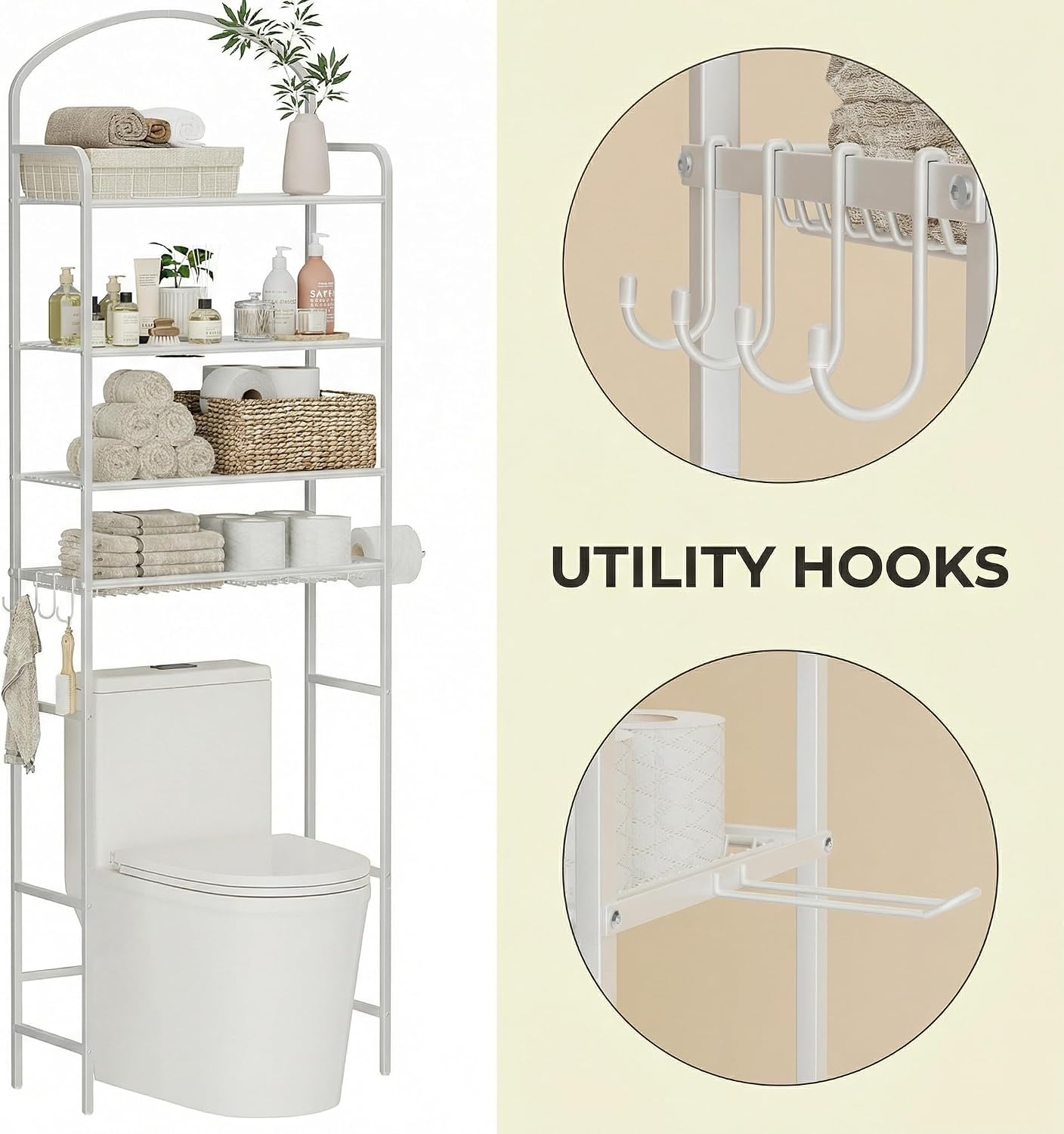 3 Tier Over The Toilet Storage Rack, Bathroom Organizer | Toilet Storage with 4 Hooks & Paper Holder, Space-Saving, Freestanding Bathroom Shelf, Metal, White