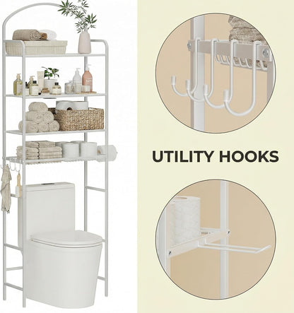 3 Tier Over The Toilet Storage Rack, Bathroom Organizer | Toilet Storage with 4 Hooks & Paper Holder, Space-Saving, Freestanding Bathroom Shelf, Metal, White