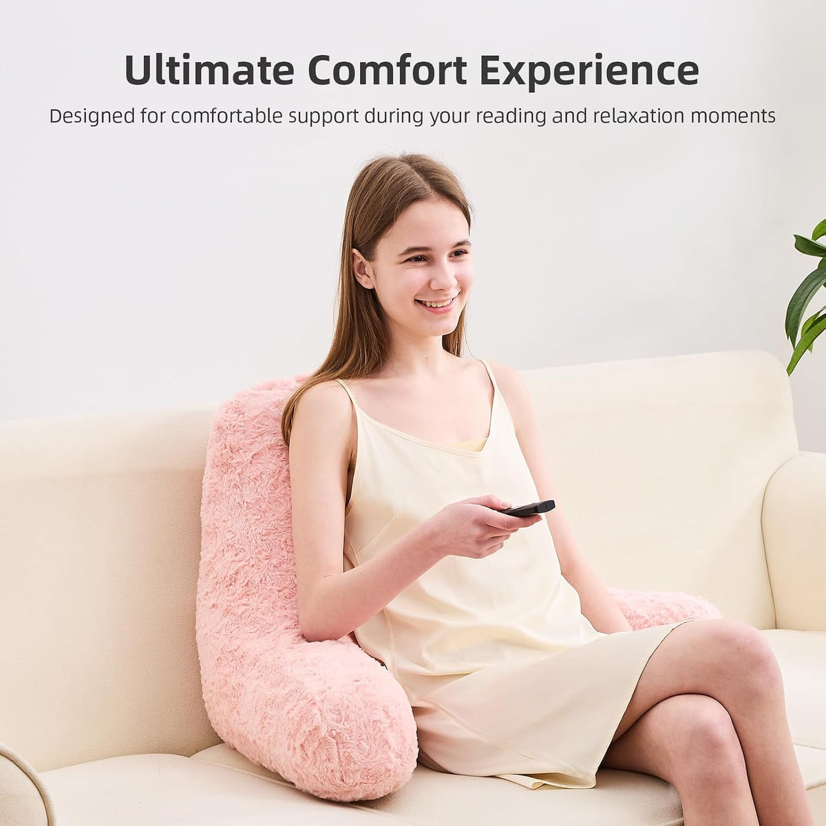 Reading Pillow, Rose Velvet Back Pillow with Arms for Bed Sitting Up, Bed Pillow for Adult Children, Backrest Pillows with Washable Cover, Chair Pillow for Watching TV/Gaming/Relaxing (Pink)