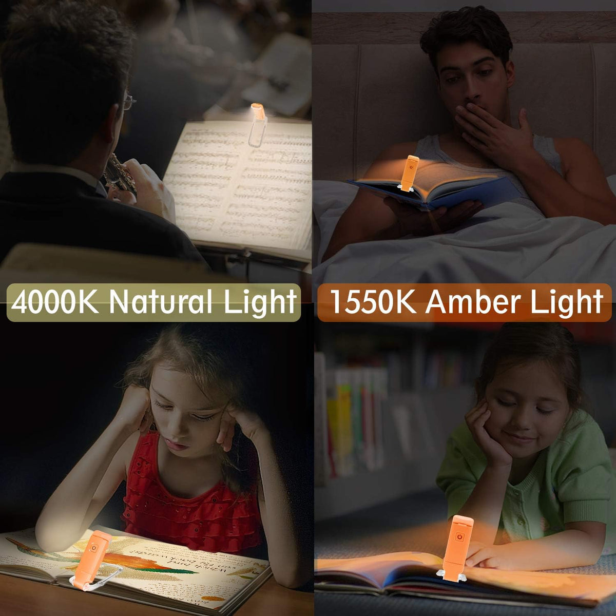 BIGLIGHT Amber Book Reading Light, LED Clip on Book Lights, Reading Lights for Books in Bed, Small Book Light for Kids, USB Rechargeable, 2 Brightness Adjustable for Eye Protection, Orange