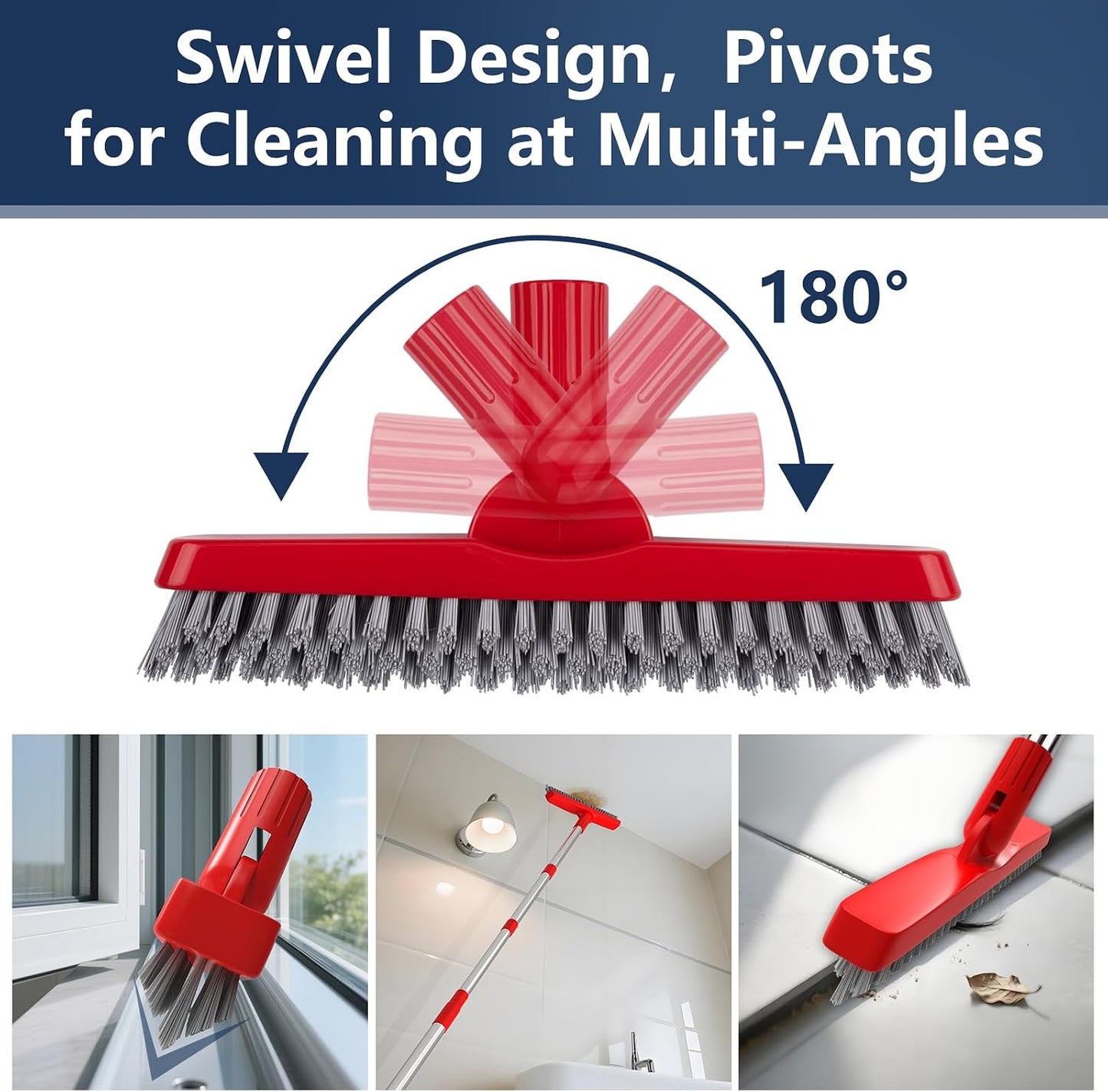 2 Pack Grout Brush with Long Handle, 56.5'' Swivel Grout Cleaning Brush,V-Shape Grout Scrub Brush, Extendable Handle Grout Cleaner Brush for Tile Floors，Bathroom,Baseboard,Shower,Corner