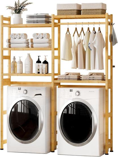 Cozivolife Over The Washer Dryer Storage Shelf: Bamboo 5 Tiers (Natural) | Laundry Room Drying Rack with Adjustable Shelves and 4 Hooks - Space Saver Organizer for Hanging Clothes and Towels
