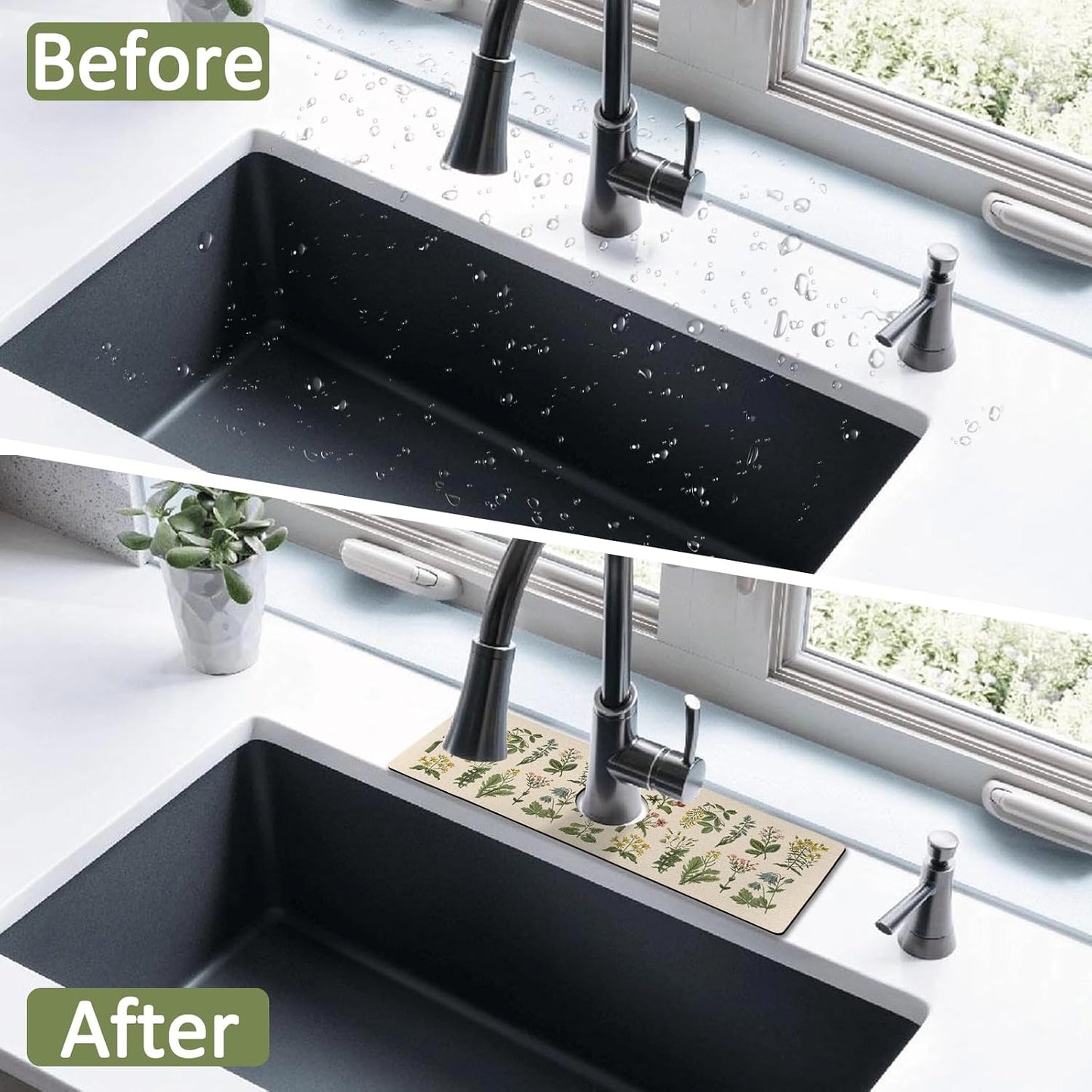 Kitchen Sink Splash Guard Faucet Mat 24" X 5.5" Tropical Leavesl Absorbent Fast Drying Mat Faucet Draining Mat Sink Splash Guard Behind Faucet Drip Catcher for Kitchen Bathroom