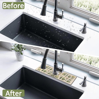 Kitchen Sink Splash Guard Faucet Mat 24" X 5.5" Tropical Leavesl Absorbent Fast Drying Mat Faucet Draining Mat Sink Splash Guard Behind Faucet Drip Catcher for Kitchen Bathroom