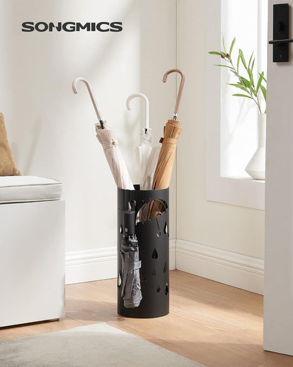 SONGMICS Umbrella Stand, Steel Round Holder Rack, 6.7 x 6.7 x 16.1 Inches | Umbrella Holder, with Detachable Drip Tray, Assembly Required, for Entryway, Office, Matte Black, PATSY Collection ULUC024B01