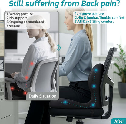 Memory Foam Seat Cushion,Office Chair Cushion with Lumbar Support for Back Pressure Relief, Car Seat Cushion with Adjustable Strap,Sciatica Pad Cushions for Car,Truck, Desk,Gaming Chair