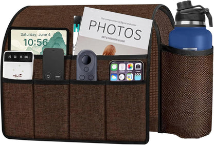 Ntomtuex Sofa Armchair Caddy Remote Control Holder with Water Bottle for Couch Recliner, Armrest Organizer with 7-Pocket Design for Magazines, Eyeglasses, iPad, Phone, Dark Grey