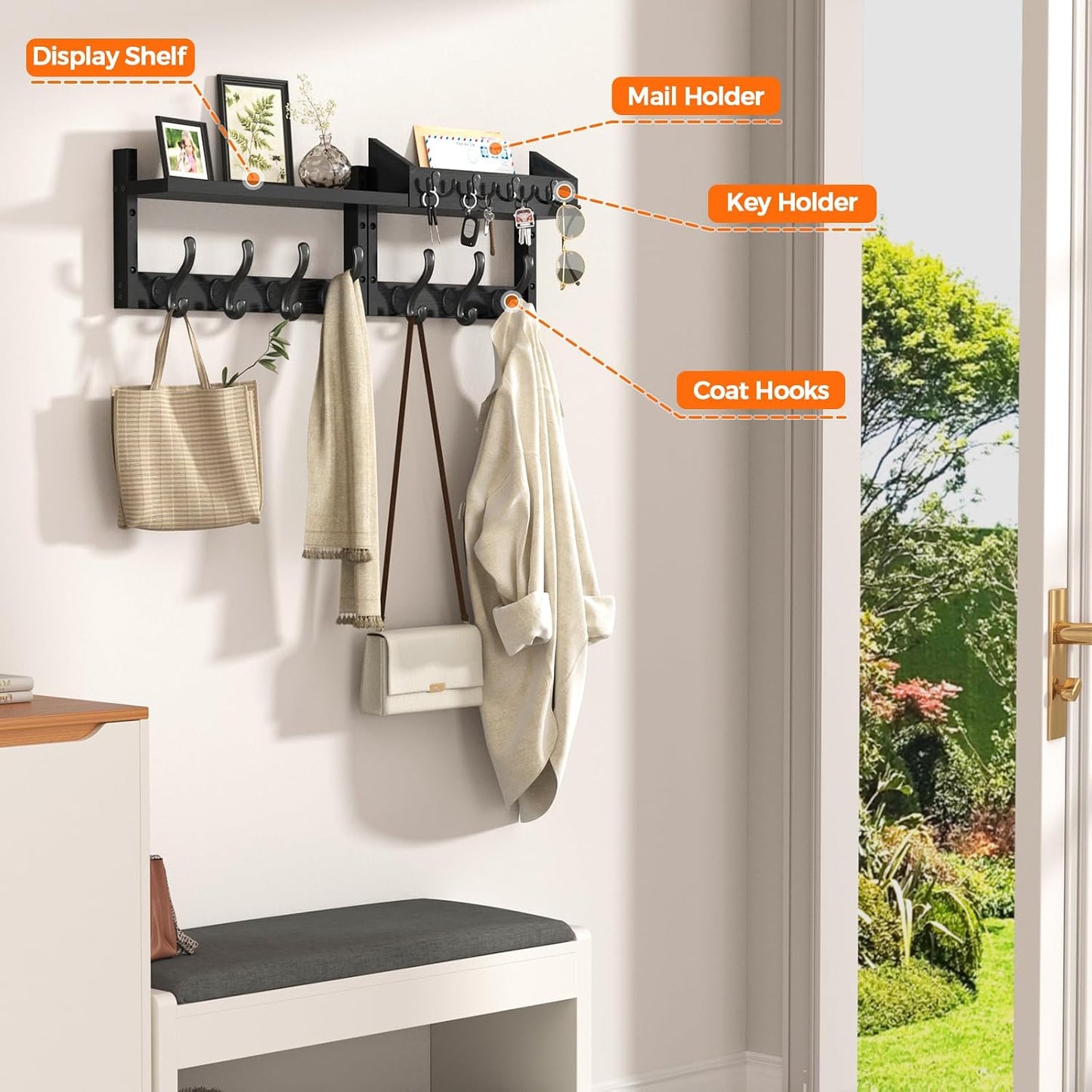 Evermagin 29" Coat Rack Wall Mount with Shelf & 11 Hooks, Entryway, Black | Wooden Wall Mounted Coat and Key Rack with Hooks, Key Hanger with Mail Holder for Living Room, Mudroom, Bedroom