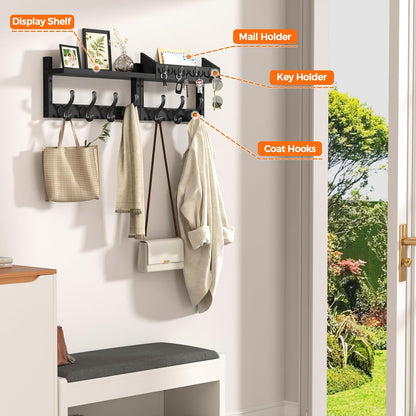 Evermagin 29" Coat Rack Wall Mount with Shelf & 11 Hooks, Entryway, Black | Wooden Wall Mounted Coat and Key Rack with Hooks, Key Hanger with Mail Holder for Living Room, Mudroom, Bedroom
